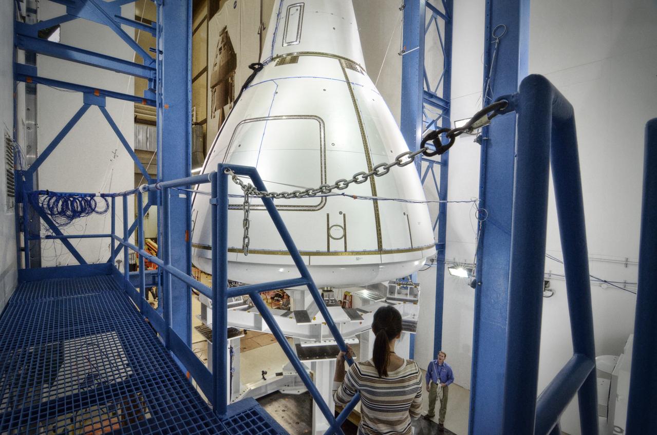 The Orion ground test vehicle is prepared for the Launch Abort Vehicle Configuration Test at Lockheed Martin's facilities in Denver on Sept. 15, 2011. For this test, the vehicle was covered with fillets and ogive panels that resemble the vehicle's launch configuration. The spacecraft underwent testing at sound pressure levels that emulate those experienced at launch and in the event an abort is needed to carry the crew to safety away from a potential problem on the launch pad or during ascent. Part of Batch image transfer from Flickr.
