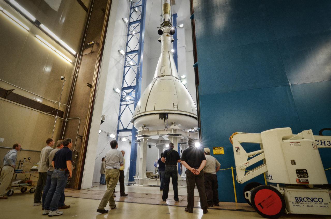 The Orion ground test vehicle is prepared for the Launch Abort Vehicle Configuration Test at Lockheed Martin's facilities in Denver on Sept. 15, 2011. For this test, the vehicle was covered with fillets and ogive panels that resemble the vehicle's launch configuration. The spacecraft underwent testing at sound pressure levels that emulate those experienced at launch and in the event an abort is needed to carry the crew to safety away from a potential problem on the launch pad or during ascent. Part of Batch image transfer from Flickr.