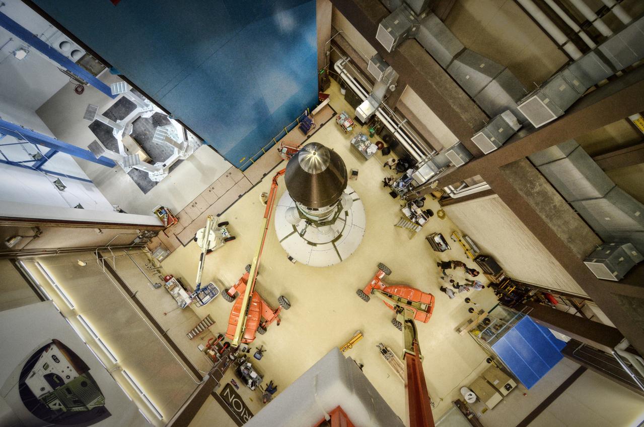 The Orion ground test vehicle is prepared for the Launch Abort Vehicle Configuration Test at Lockheed Martin's facilities in Denver on Sept. 15, 2011. For this test, the vehicle was covered with fillets and ogive panels that resemble the vehicle's launch configuration. The spacecraft underwent testing at sound pressure levels that emulate those experienced at launch and in the event an abort is needed to carry the crew to safety away from a potential problem on the launch pad or during ascent. Part of Batch image transfer from Flickr.