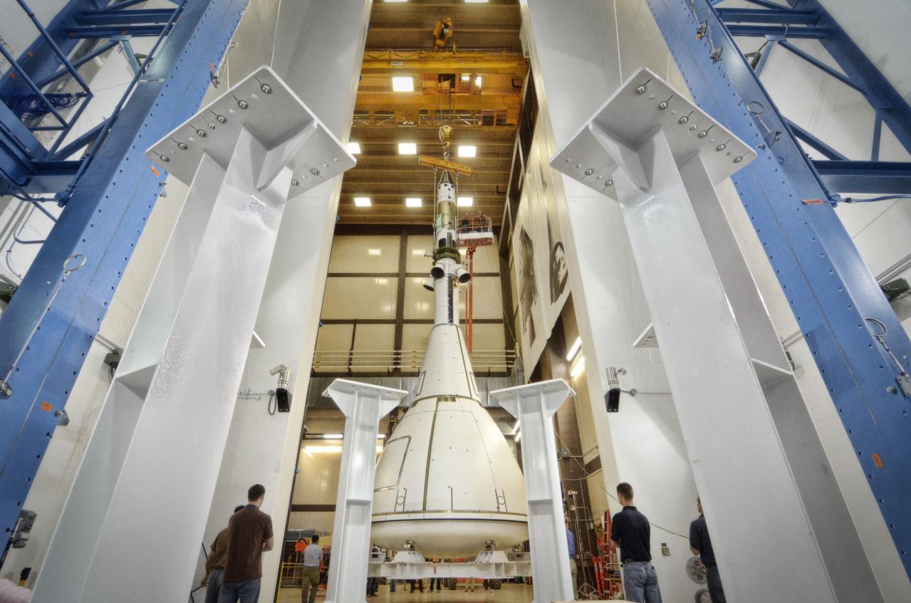 The Orion ground test vehicle is prepared for the Launch Abort Vehicle Configuration Test at Lockheed Martin's facilities in Denver on Sept. 15, 2011. For this test, the vehicle was covered with fillets and ogive panels that resemble the vehicle's launch configuration. The spacecraft underwent testing at sound pressure levels that emulate those experienced at launch and in the event an abort is needed to carry the crew to safety away from a potential problem on the launch pad or during ascent. Part of Batch image transfer from Flickr.