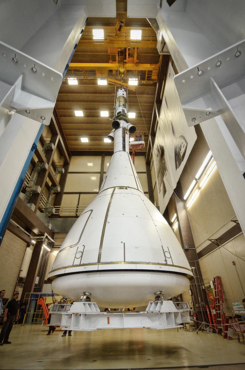 The Orion ground test vehicle is prepared for the Launch Abort Vehicle Configuration Test at Lockheed Martin's facilities in Denver on Sept. 15, 2011. For this test, the vehicle was covered with fillets and ogive panels that resemble the vehicle's launch configuration. The spacecraft underwent testing at sound pressure levels that emulate those experienced at launch and in the event an abort is needed to carry the crew to safety away from a potential problem on the launch pad or during ascent. Part of Batch image transfer from Flickr.