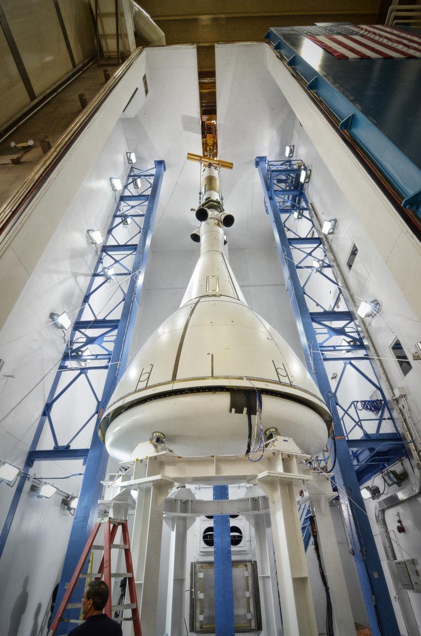The Orion ground test vehicle is prepared for the Launch Abort Vehicle Configuration Test at Lockheed Martin's facilities in Denver on Sept. 15, 2011. For this test, the vehicle was covered with fillets and ogive panels that resemble the vehicle's launch configuration. The spacecraft underwent testing at sound pressure levels that emulate those experienced at launch and in the event an abort is needed to carry the crew to safety away from a potential problem on the launch pad or during ascent. Part of Batch image transfer from Flickr.