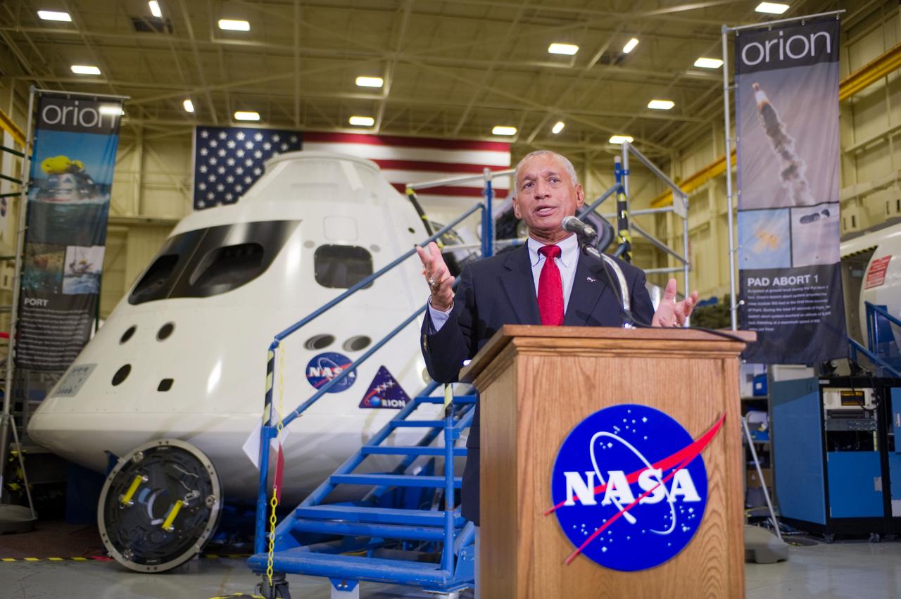 NASA Administrator Charlie Bolden tours the Orion mockups in Bldg. 9 at Johnson Space Center in Houston followed by a short Q&amp;A in front of the mockup on Sept. 26, 2011. Part of Batch image transfer from Flickr. 