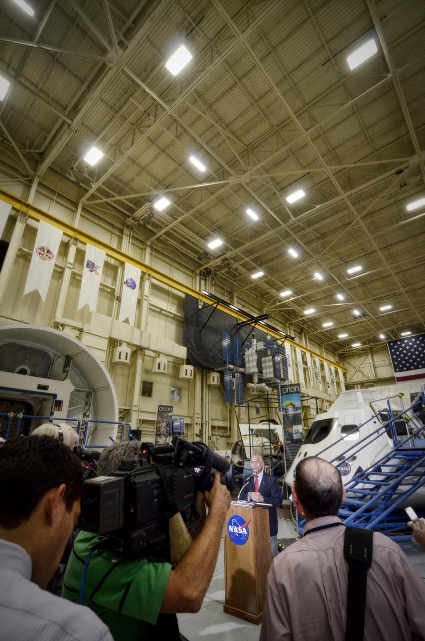 NASA Administrator Charlie Bolden tours the Orion mockups in Bldg. 9 at Johnson Space Center in Houston followed by a short Q&amp;A in front of the mockup on Sept. 26, 2011. Part of Batch image transfer from Flickr. 