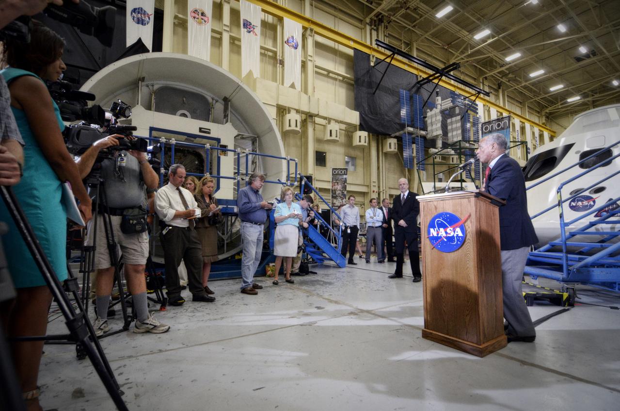 NASA Administrator Charlie Bolden tours the Orion mockups in Bldg. 9 at Johnson Space Center in Houston followed by a short Q&amp;A in front of the mockup on Sept. 26, 2011. Part of Batch image transfer from Flickr. 