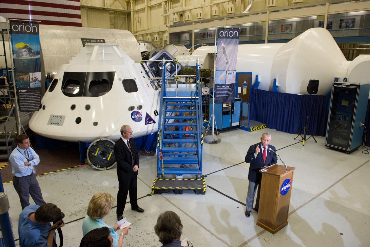 NASA Administrator Charlie Bolden tours the Orion mockups in Bldg. 9 at Johnson Space Center in Houston followed by a short Q&amp;A in front of the mockup on Sept. 26, 2011. Part of Batch image transfer from Flickr. 