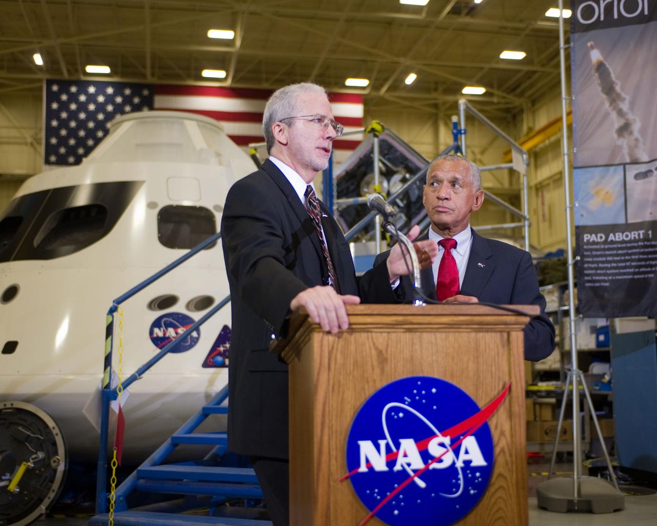 NASA Administrator Charlie Bolden beside podium during tour of the Orion mockups in Bldg. 9 at Johnson Space Center in Houston followed by a short Q&amp;A in front of the mockup on Sept. 26, 2011. Part of Batch image transfer from Flickr. 