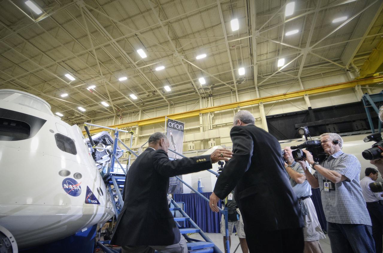 NASA Administrator Charlie Bolden  Orion Program Manager Mark Geyer tour the Orion mockups in Bldg. 9 at Johnson Space Center in Houston followed by a short Q&amp;A in front of the mockup on Sept. 26, 2011. Part of Batch image transfer from Flickr. 