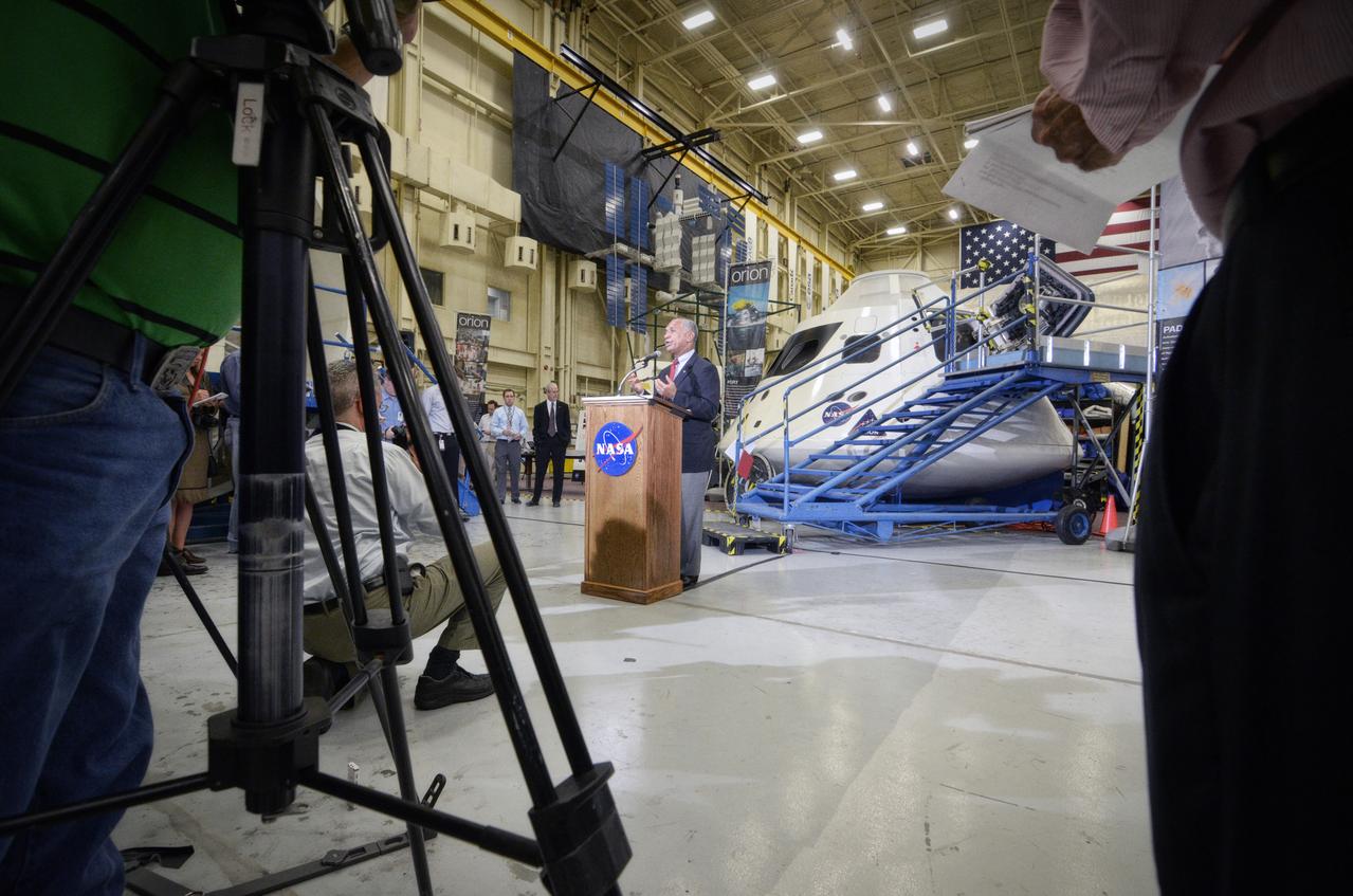 NASA Administrator Charlie Bolden at podium after tour of the Orion mockups in Bldg. 9 at Johnson Space Center in Houston followed by a short Q&amp;A in front of the mockup on Sept. 26, 2011. Part of Batch image transfer from Flickr. 