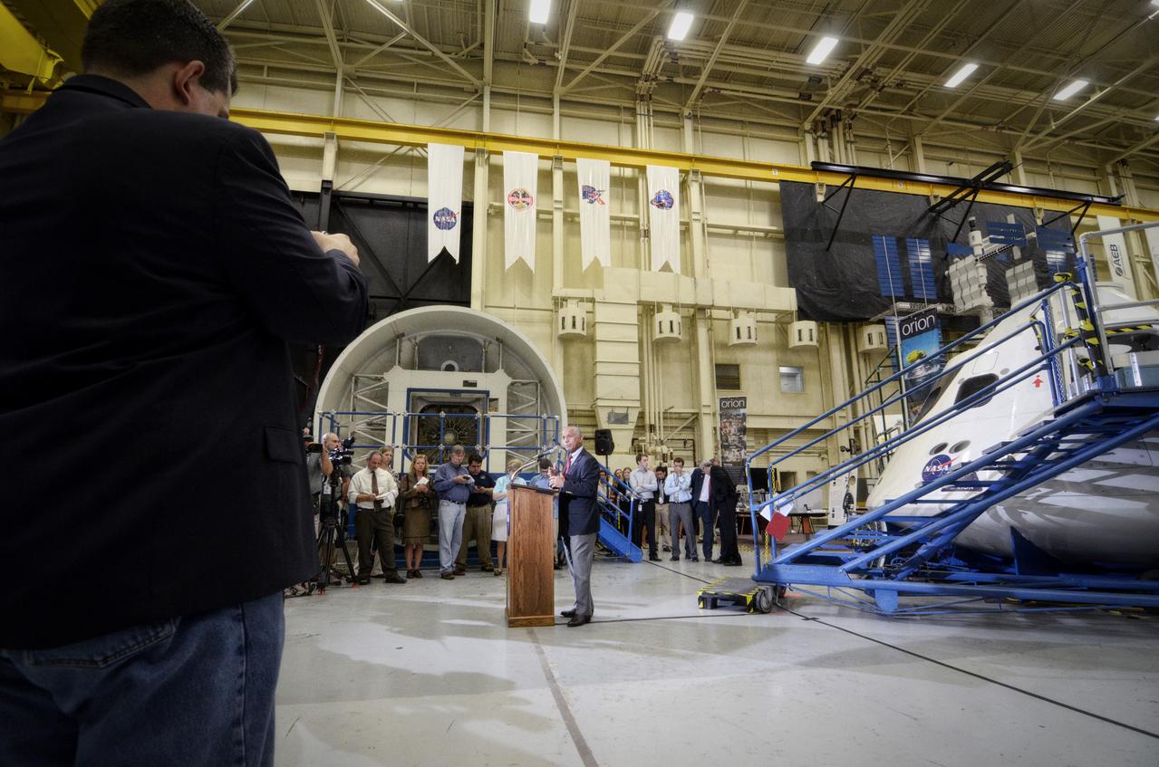 NASA Administrator Charlie Bolden at podium after tour of the Orion mockups in Bldg. 9 at Johnson Space Center in Houston followed by a short Q&amp;A in front of the mockup on Sept. 26, 2011. Part of Batch image transfer from Flickr. 