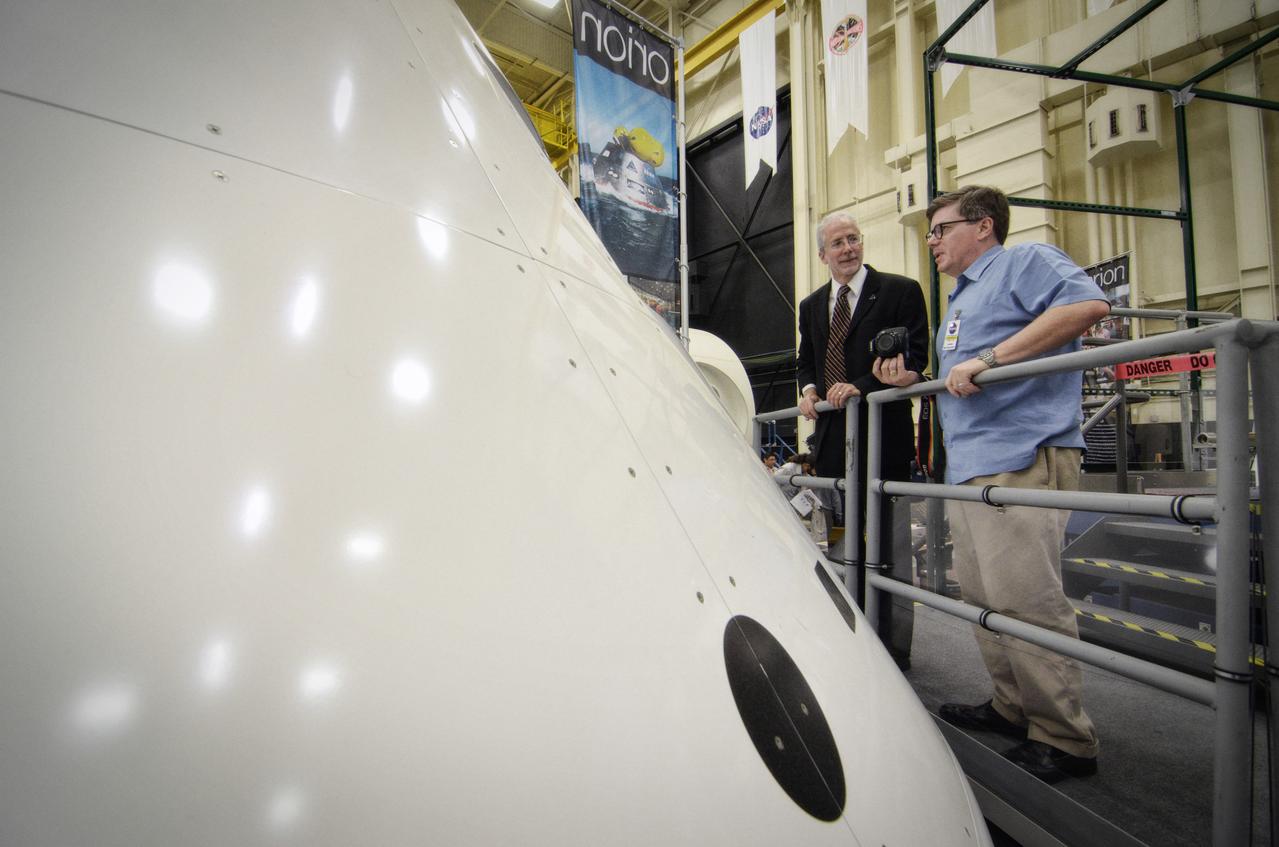 Orion Program Manager Mark Geyer tours the Orion mockups in Bldg. 9 at Johnson Space Center in Houston followed by a short Q&amp;A in front of the mockup on Sept. 26, 2011. Part of Batch image transfer from Flickr. 