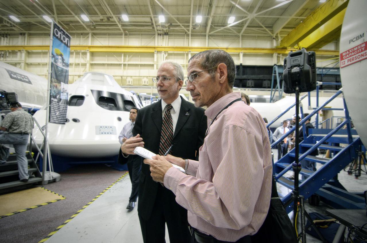 Orion Program Manager Mark Geyer tours the Orion mockups in Bldg. 9 at Johnson Space Center in Houston followed by a short Q&amp;A in front of the mockup on Sept. 26, 2011. Part of Batch image transfer from Flickr. 