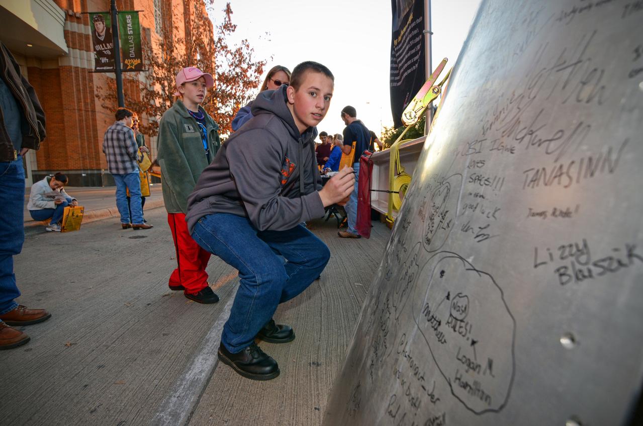 The Orion Pad Abort-1 pathfinder on display at an event outside American Airlines Center in Dallas on Jan. 27, 2012. Part of Batch image transfer from Flickr. 