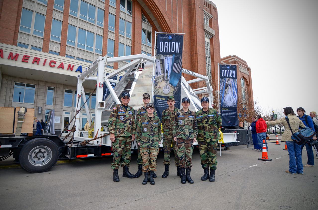 The Orion Pad Abort-1 pathfinder on display at an event outside American Airlines Center in Dallas on Jan. 27, 2012. Part of Batch image transfer from Flickr. 