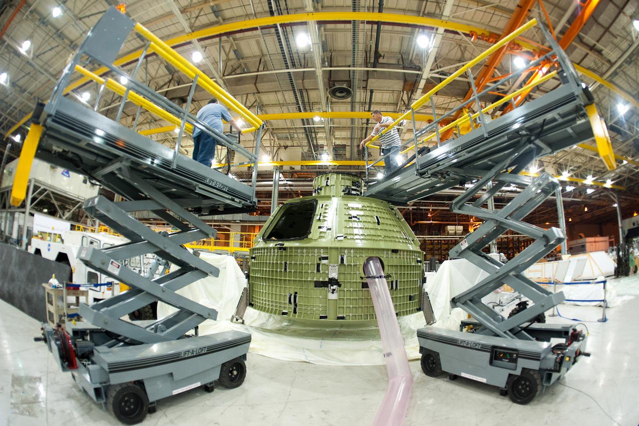The completed Exploration Flight Test-1 (EFT-1) Orion crew module pressure vessel is packed for shipment to NASA's Kennedy Space Center at NASA's Michoud Assembly Facility in New Orleans on June 26, 2011. Part of Batch image transfer from Flickr. 