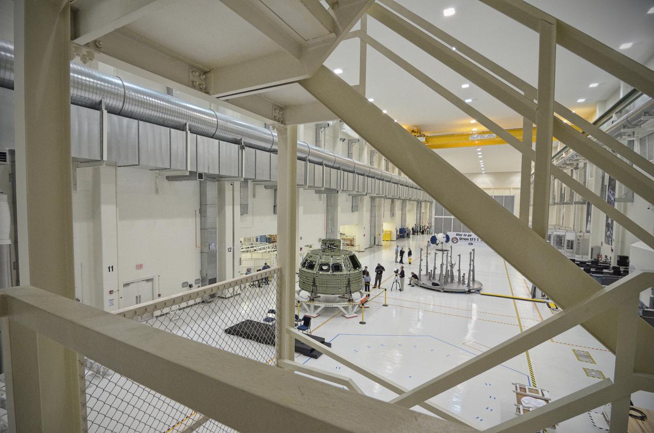 The Orion crew module pressure vessel for Exploration Flight Test-1 (EFT-1) is unveiled at a ceremony at the Operations and Checkout (O&amp;C) Building at NASA’s Kennedy Space Center in Florida on July 2, 2012. Part of Batch image transfer from Flickr. 