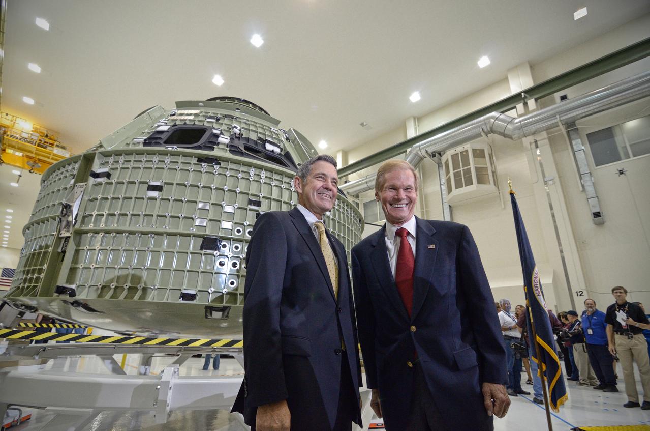 The Orion crew module pressure vessel for Exploration Flight Test-1 (EFT-1) is unveiled at a ceremony at the Operations and Checkout (O&amp;C) Building at NASA’s Kennedy Space Center in Florida on July 2, 2012. Part of Batch image transfer from Flickr. 