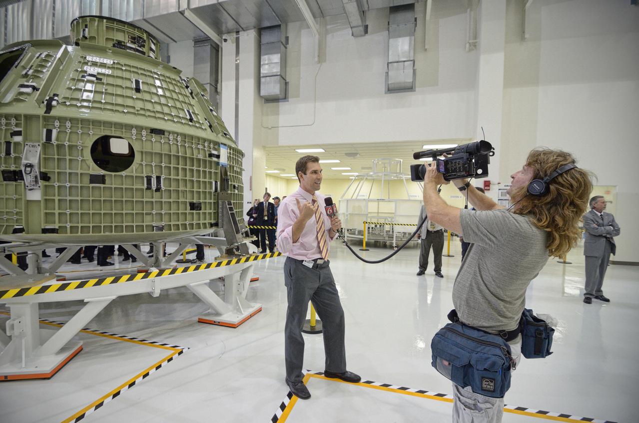 The Orion crew module pressure vessel for Exploration Flight Test-1 (EFT-1) is unveiled at a ceremony at the Operations and Checkout (O&amp;C) Building at NASA’s Kennedy Space Center in Florida on July 2, 2012. Part of Batch image transfer from Flickr. 
