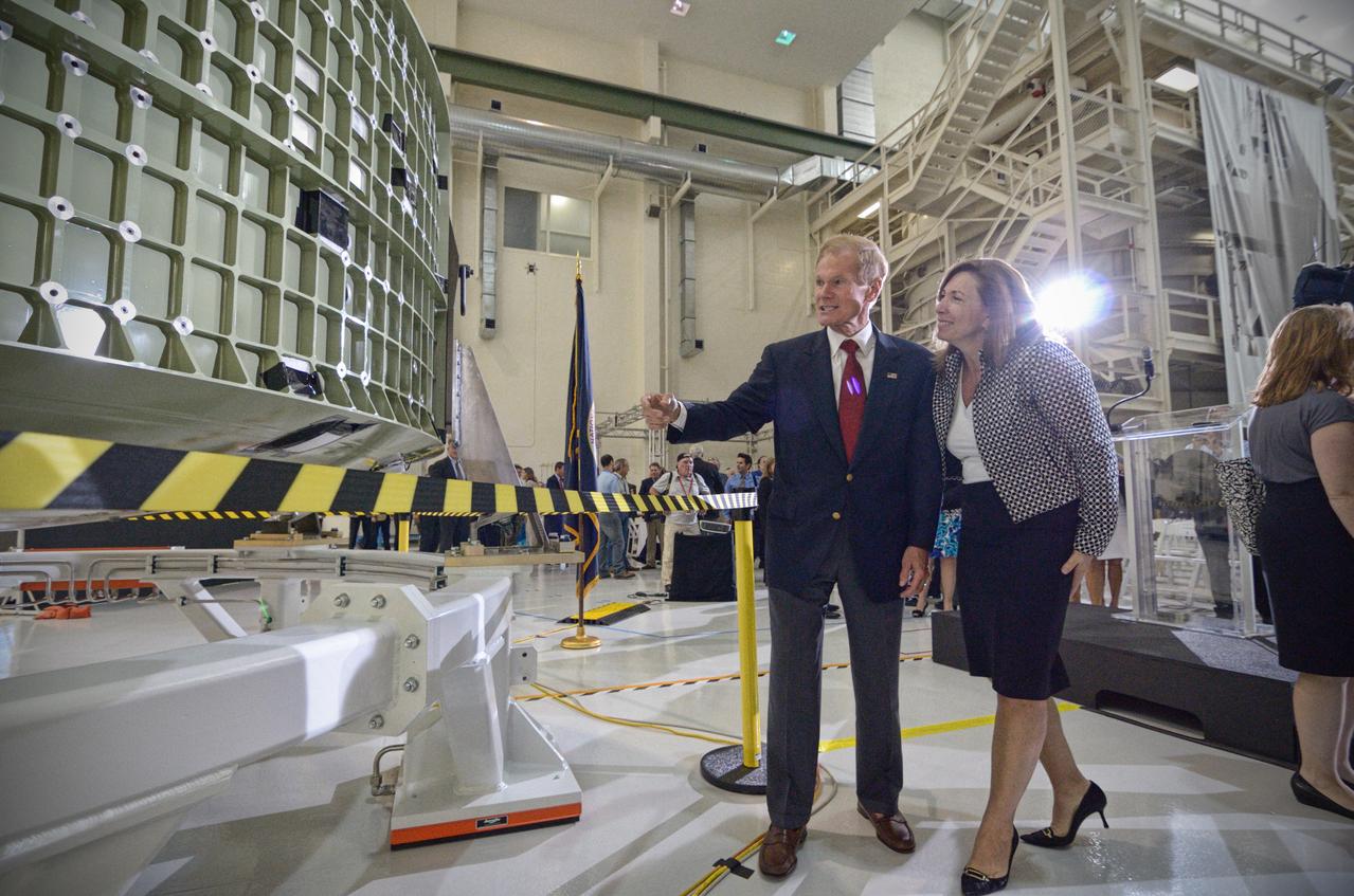 The Orion crew module pressure vessel for Exploration Flight Test-1 (EFT-1) is unveiled at a ceremony at the Operations and Checkout (O&amp;C) Building at NASA’s Kennedy Space Center in Florida on July 2, 2012. Part of Batch image transfer from Flickr. 