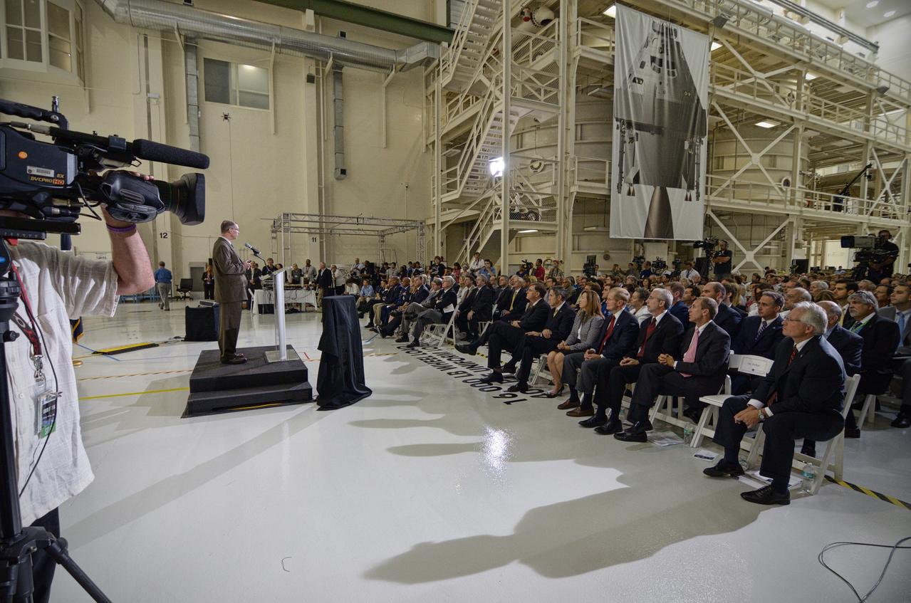 The Orion crew module pressure vessel for Exploration Flight Test-1 (EFT-1) is unveiled at a ceremony at the Operations and Checkout (O&amp;C) Building at NASA’s Kennedy Space Center in Florida on July 2, 2012. Part of Batch image transfer from Flickr. 