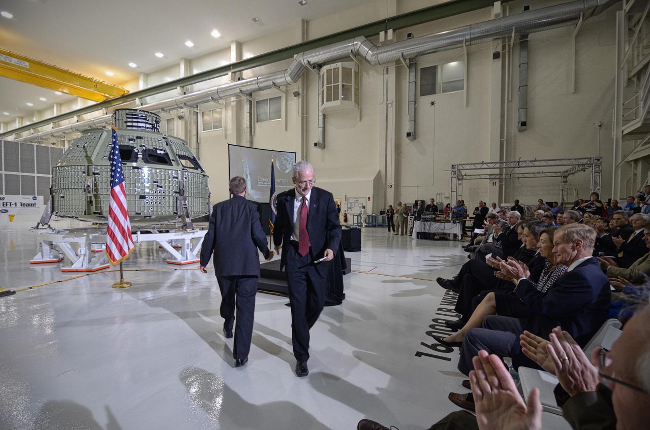 The Orion crew module pressure vessel for Exploration Flight Test-1 (EFT-1) is unveiled at a ceremony at the Operations and Checkout (O&amp;C) Building at NASA’s Kennedy Space Center in Florida on July 2, 2012. Part of Batch image transfer from Flickr. 