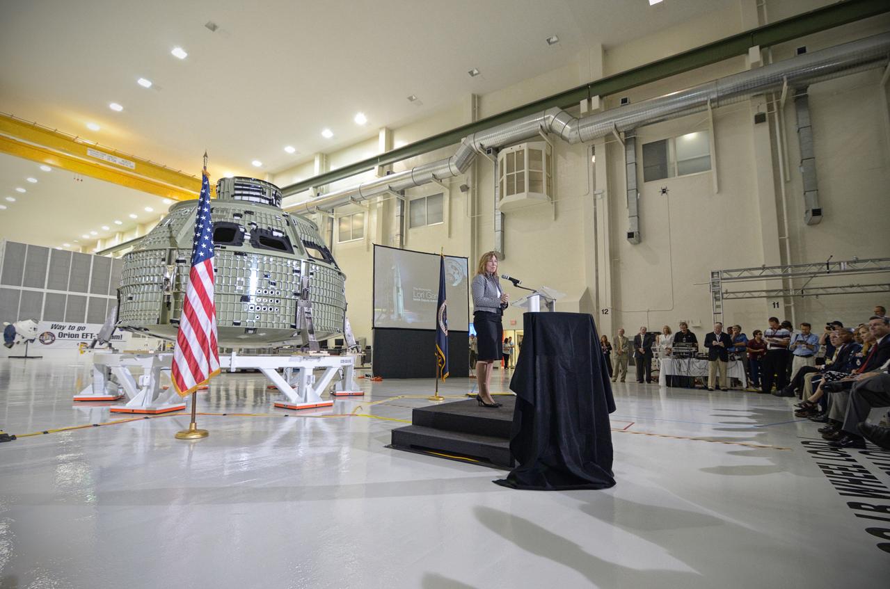 The Orion crew module pressure vessel for Exploration Flight Test-1 (EFT-1) is unveiled at a ceremony at the Operations and Checkout (O&amp;C) Building at NASA’s Kennedy Space Center in Florida on July 2, 2012.  Part of Batch image transfer from Flickr. 