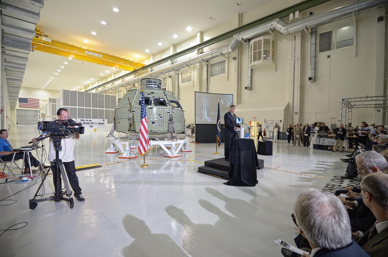 The Orion crew module pressure vessel for Exploration Flight Test-1 (EFT-1) is unveiled at a ceremony at the Operations and Checkout (O&amp;C) Building at NASA’s Kennedy Space Center in Florida on July 2, 2012.  Part of Batch image transfer from Flickr. 