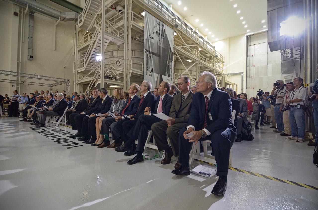 The Orion crew module pressure vessel for Exploration Flight Test-1 (EFT-1) is unveiled at a ceremony at the Operations and Checkout (O&amp;C) Building at NASA’s Kennedy Space Center in Florida on July 2, 2012.  Part of Batch image transfer from Flickr. 