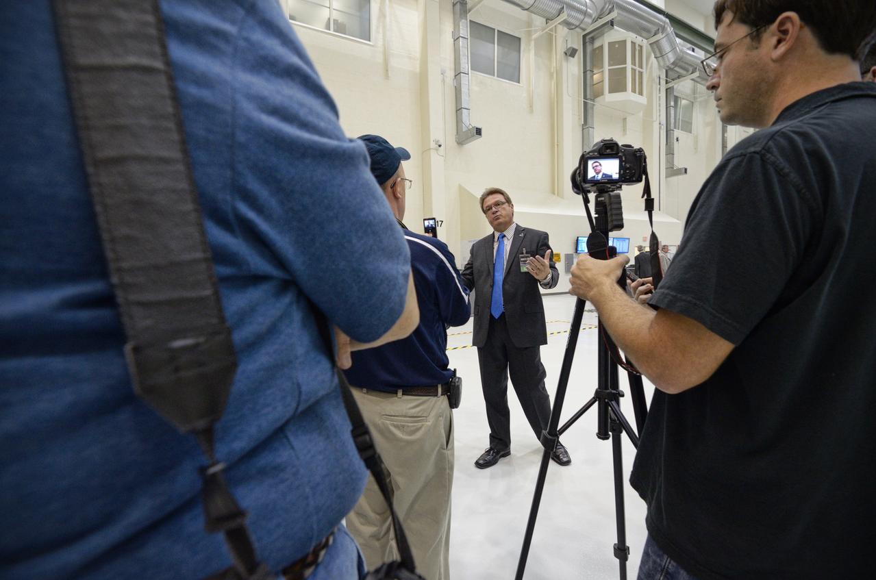 The Orion crew module pressure vessel for Exploration Flight Test-1 (EFT-1) is unveiled at a ceremony at the Operations and Checkout (O&amp;C) Building at NASA’s Kennedy Space Center in Florida on July 2, 2012.  Part of Batch image transfer from Flickr. 