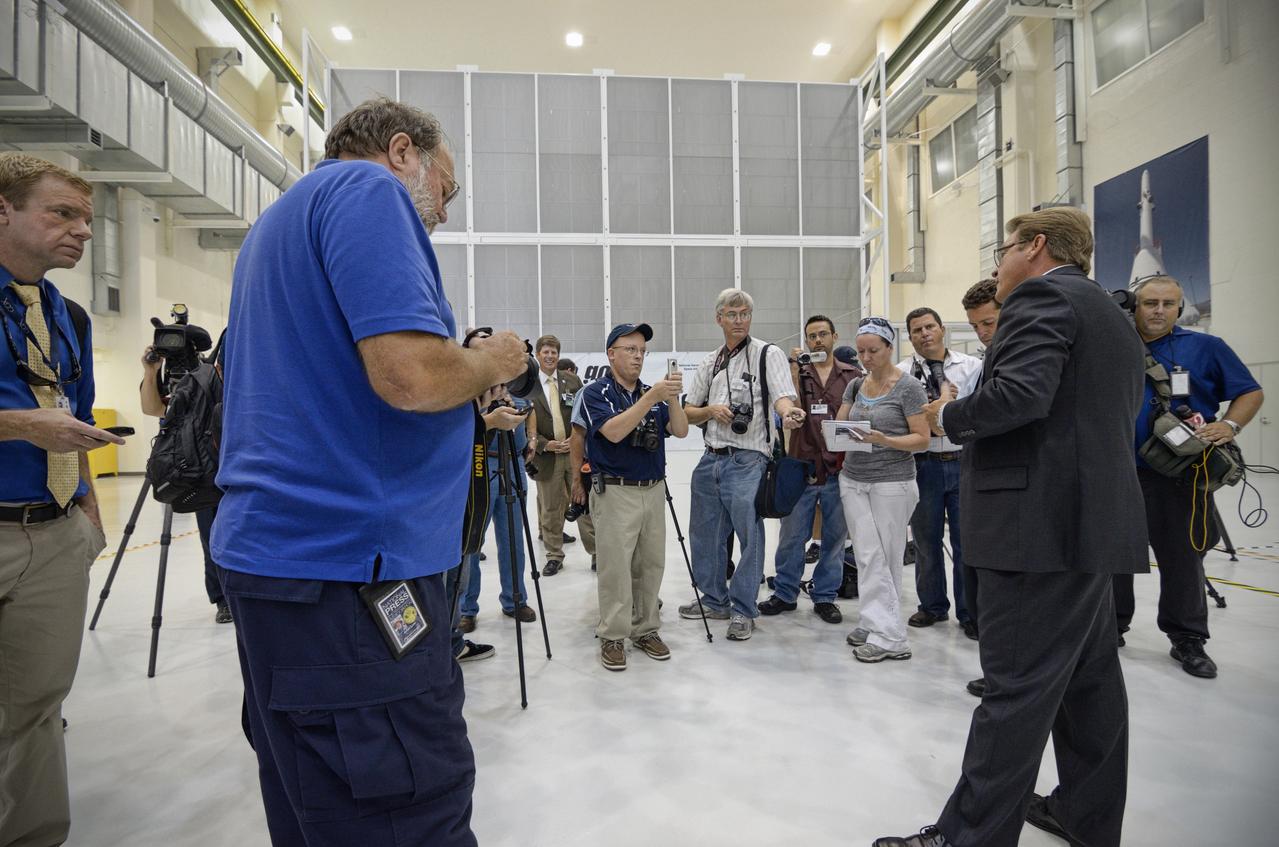 The Orion crew module pressure vessel for Exploration Flight Test-1 (EFT-1) is unveiled at a ceremony at the Operations and Checkout (O&amp;C) Building at NASA’s Kennedy Space Center in Florida on July 2, 2012.  Part of Batch image transfer from Flickr. 