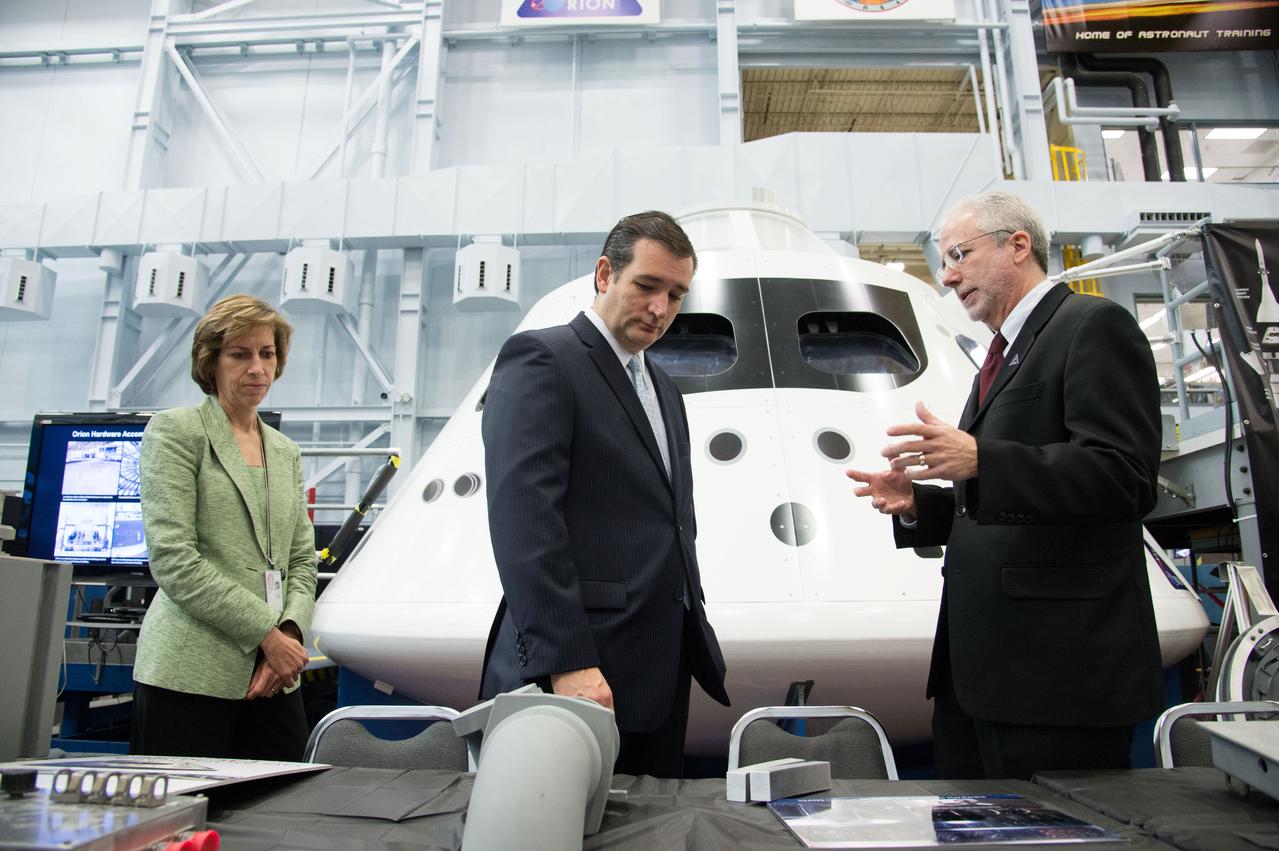 U.S. Senator for Texas Ted Cruz visits Orion at the Johnson Space Center in Houston on Feb. 8, 2013. Orion Program Manager Mark Geyer and Johnson Space Center Director Dr. Ellen Ochoa discussed Orion progress with the Senator. Part of Batch image transfer from Flickr.
