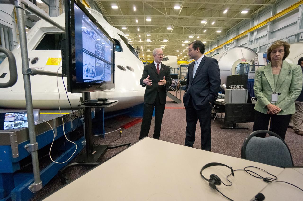 U.S. Senator for Texas Ted Cruz visits Orion at the Johnson Space Center in Houston on Feb. 8, 2013. Orion Program Manager Mark Geyer and Johnson Space Center Director Dr. Ellen Ochoa discussed Orion progress with the Senator. Part of Batch image transfer