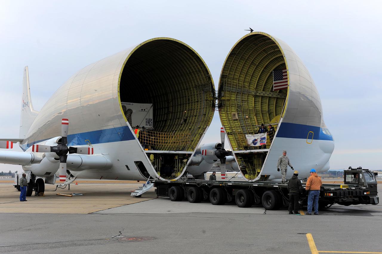 NASA's Super Guppy transport plane transports the Exploration Flight Test-1 (EFT-1) Orion heat shield from Manchester, NH to the Kennedy Space Center in Florida on Dec. 4, 2013. Part of Batch image transfer from Flickr.