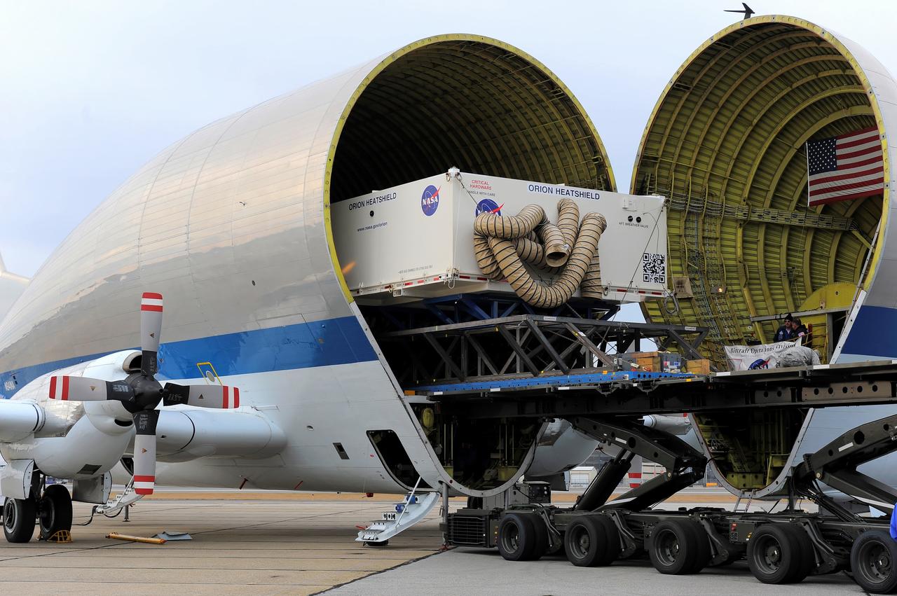 NASA's Super Guppy transport plane transports the Exploration Flight Test-1 (EFT-1) Orion heat shield from Manchester, NH to the Kennedy Space Center in Florida on Dec. 4, 2013. Part of Batch image transfer from Flickr.