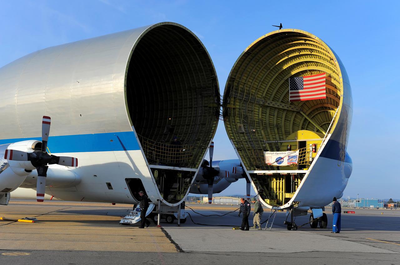 NASA's Super Guppy transport plane transports the Exploration Flight Test-1 (EFT-1) Orion heat shield from Manchester, NH to the Kennedy Space Center in Florida on Dec. 4, 2013. Part of Batch image transfer from Flickr.