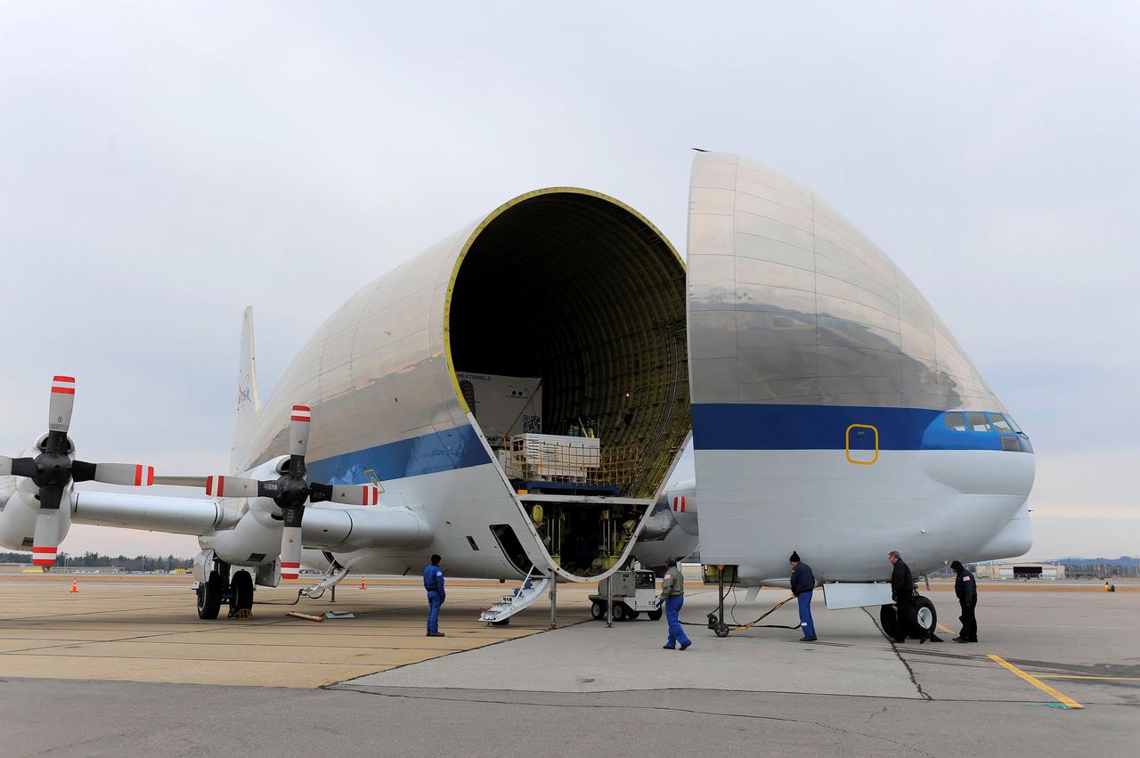 NASA's Super Guppy transport plane transports the Exploration Flight Test-1 (EFT-1) Orion heat shield from Manchester, NH to the Kennedy Space Center in Florida on Dec. 4, 2013. Part of Batch image transfer from Flickr.