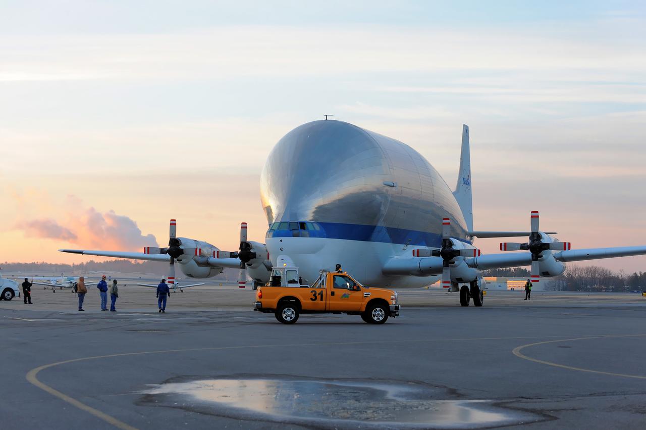 NASA's Super Guppy transport plane transports the Exploration Flight Test-1 (EFT-1) Orion heat shield from Manchester, NH to the Kennedy Space Center in Florida on Dec. 4, 2013. Part of Batch image transfer from Flickr.