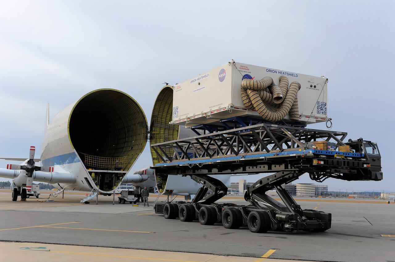 NASA's Super Guppy transport plane transports the Exploration Flight Test-1 (EFT-1) Orion heat shield from Manchester, NH to the Kennedy Space Center in Florida on Dec. 4, 2013. Part of Batch image transfer from Flickr.