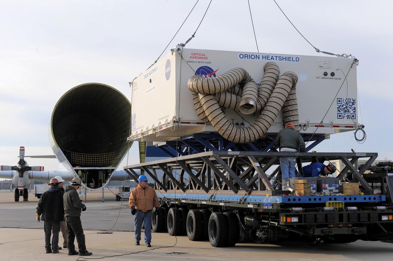 NASA's Super Guppy transport plane transports the Exploration Flight Test-1 (EFT-1) Orion heat shield from Manchester, NH to the Kennedy Space Center in Florida on Dec. 4, 2013. Part of Batch image transfer from Flickr.