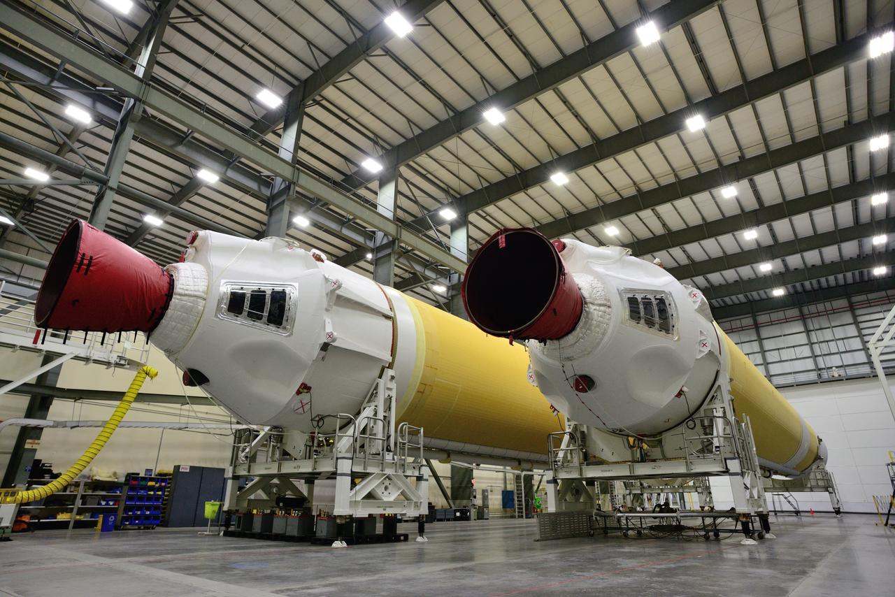 The boosters for the ULA Delta IV Heavy used to launch Orion on Exploration Flight Test-1 (EFT-1) undergo work at Kennedy Space Center in Florida on March 20, 2014. Part of Batch image transfer from Flickr.