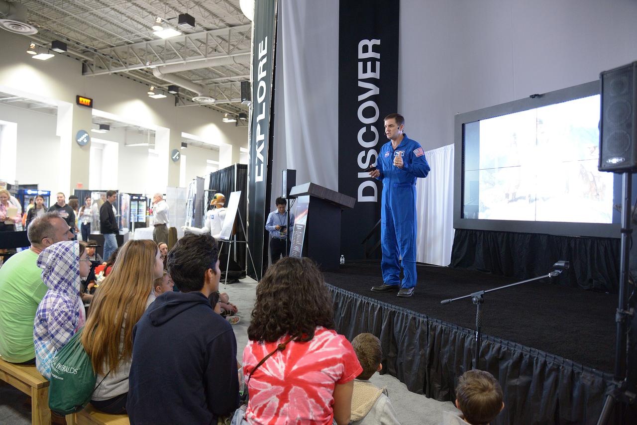 The winner of the high school portion of the Exploration Design Challenge is announced at the USA Science and Engineering Festival in Washington on April 25, 2014. Astronaut Rex Walheim speaks to students from podium. Part of Batch image transfer from Flickr.