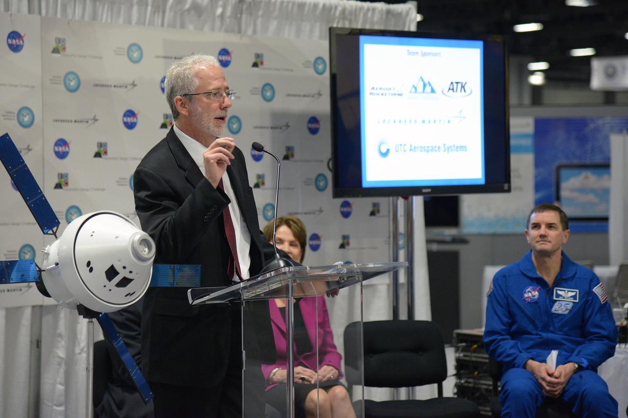 The winner of the high school portion of the Exploration Design Challenge is announced at the USA Science and Engineering Festival in Washington on April 25, 2014. Orion Program Manager Mark Geyer speaks from podium. Part of Batch image transfer from Flickr.