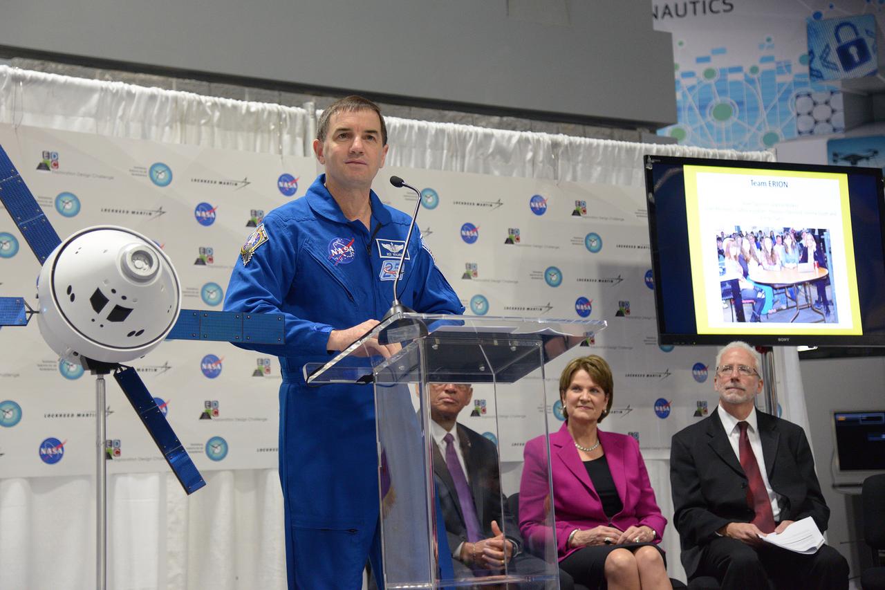 The winner of the high school portion of the Exploration Design Challenge is announced at the USA Science and Engineering Festival in Washington on April 25, 2014. Astronaut Rex Walheim speaks from podium. Part of Batch image transfer from Flickr.
