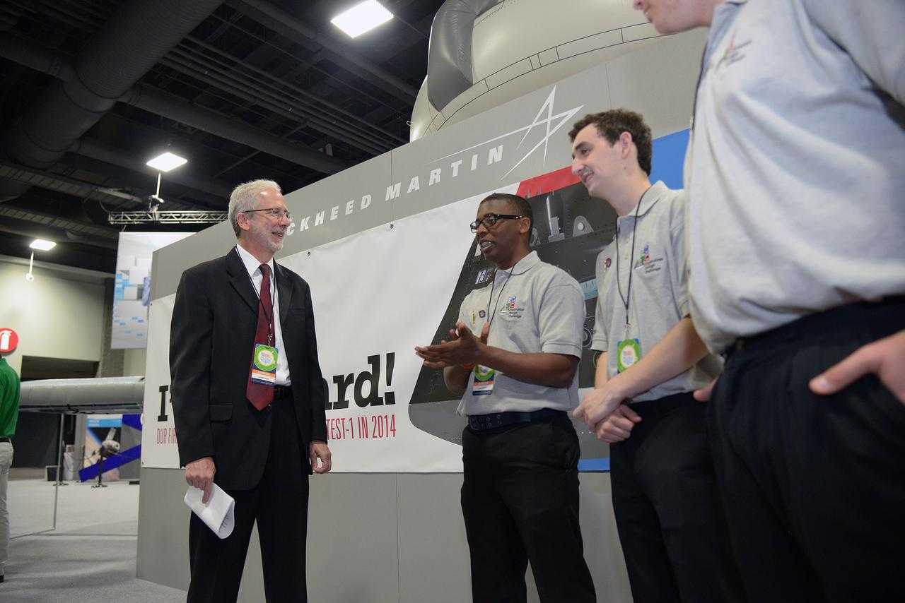 The winner of the high school portion of the Exploration Design Challenge is announced at the USA Science and Engineering Festival in Washington on April 25, 2014. Orion Program Manager Mark Geyer speaks to students. Part of Batch image transfer from Flickr.
