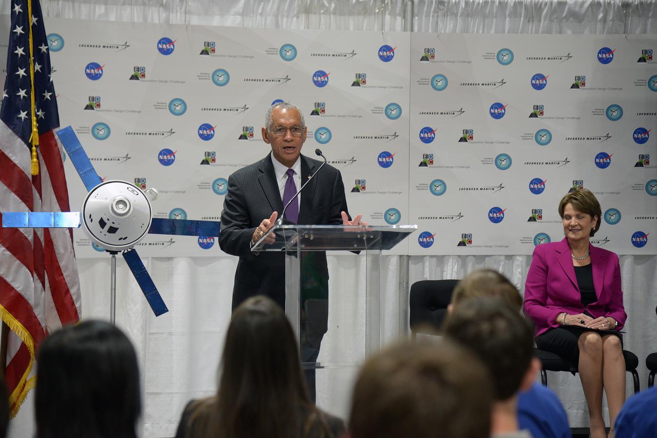 The winner of the high school portion of the Exploration Design Challenge is announced at the USA Science and Engineering Festival in Washington on April 25, 2014. NASA Director Charles Bolden speaks from podium. Part of Batch image transfer from Flickr.
