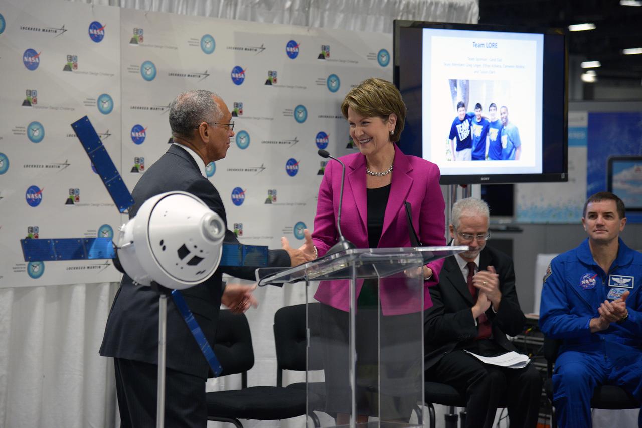 The winner of the high school portion of the Exploration Design Challenge is announced at the USA Science and Engineering Festival in Washington on April 25, 2014. NASA Director Charles Bolden at podium. Part of Batch image transfer from Flickr.