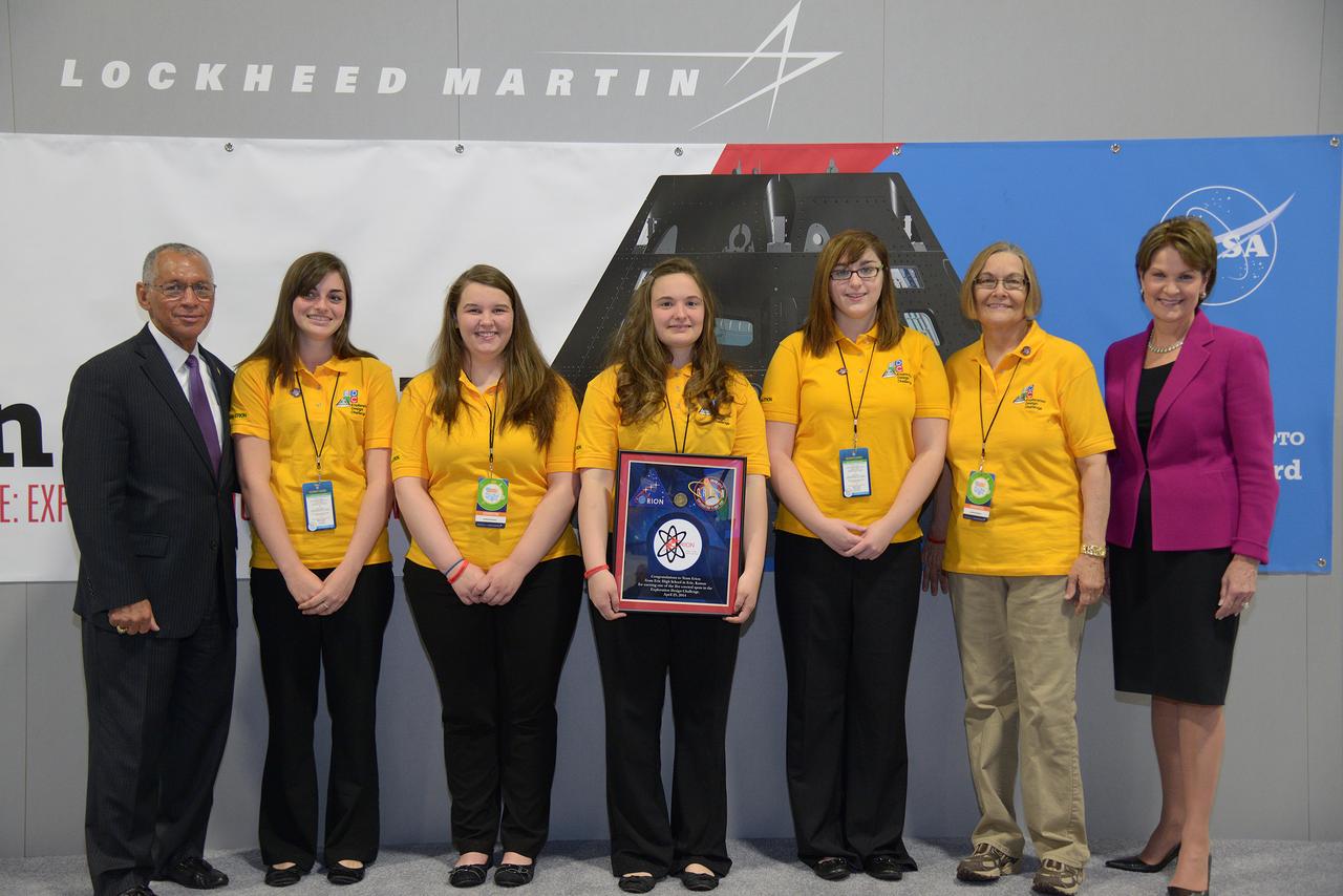 The winner of the high school portion of the Exploration Design Challenge is announced at the USA Science and Engineering Festival in Washington on April 25, 2014. Group photo of students. Part of Batch image transfer from Flickr.