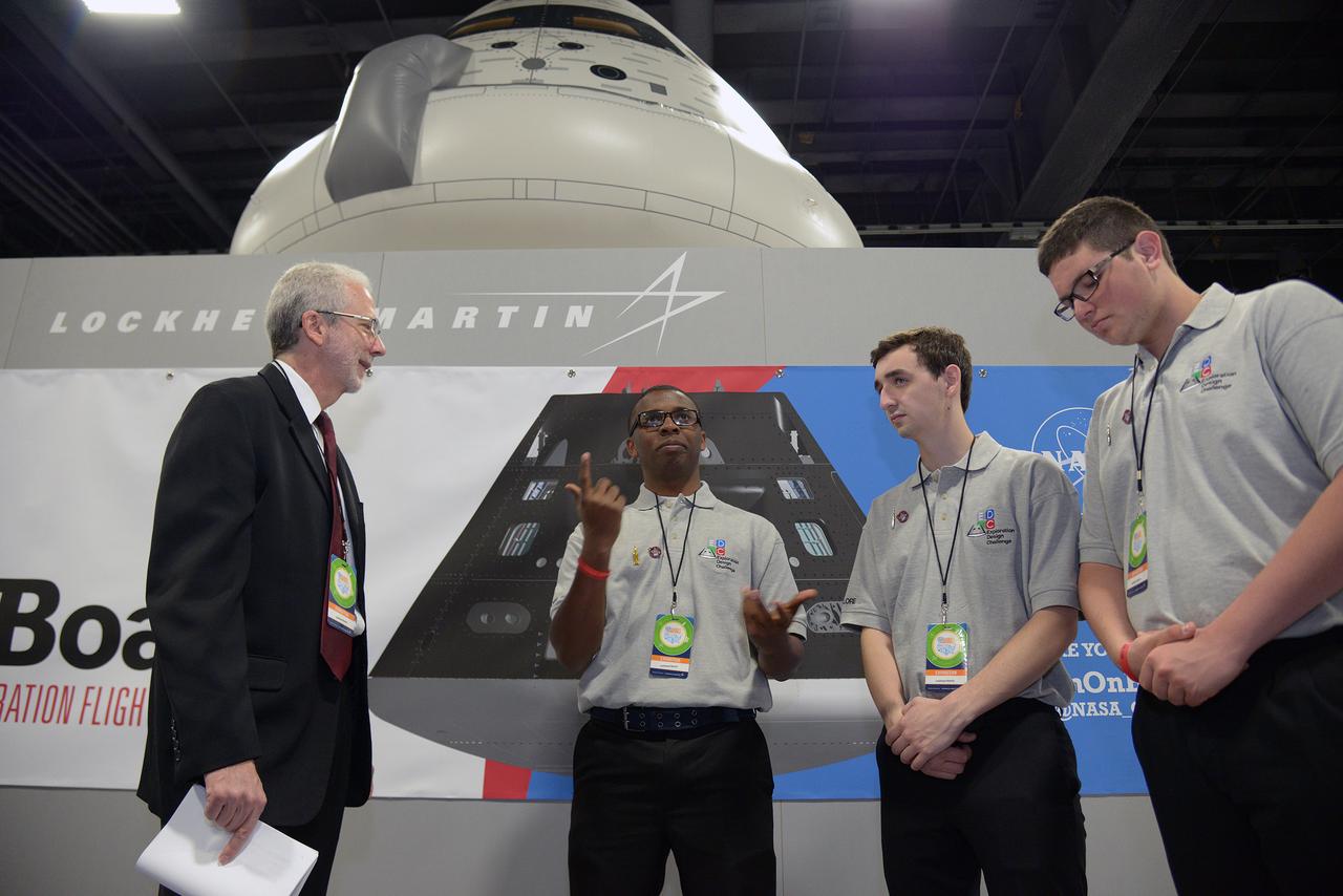 The winner of the high school portion of the Exploration Design Challenge is announced at the USA Science and Engineering Festival in Washington on April 25, 2014. Orion Program Manager Mark Geyer speaks to students. Part of Batch image transfer from Flickr.