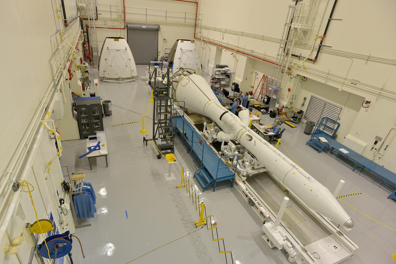 The Orion Exploration Flight Test-1 (EFT-1) launch abort system is completed in the Launch Abort System Facility (LASF) at Kennedy Space Center on June 9, 2014. Part of Batch image transfer from Flickr.