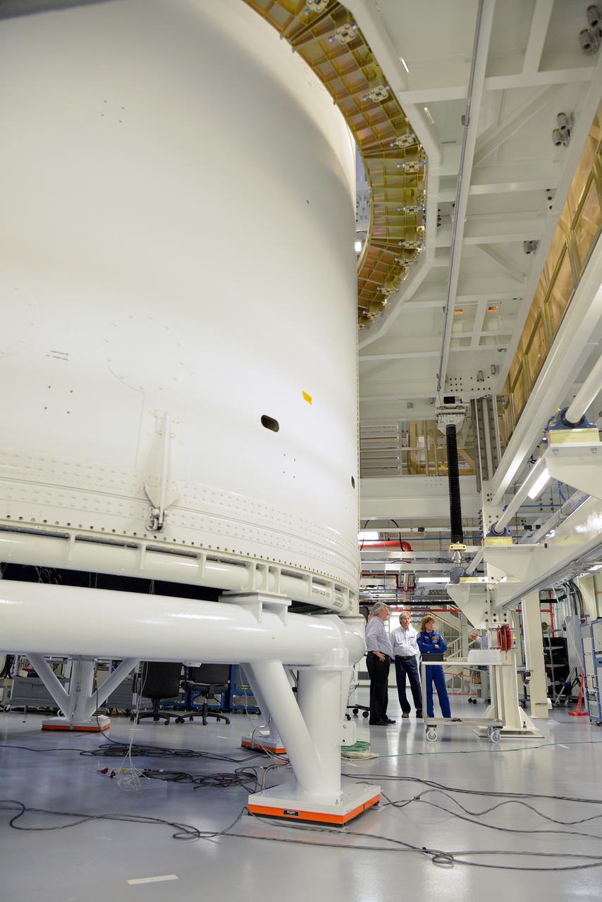Astronaut Anna Fisher observes Orion Exploration Flight Test-1 (EFT-1) crew module and service module mating operations in Operations and Checkout (O&amp;C) Building at Kennedy Space Center on June 9, 2014. Part of Batch image transfer from Flickr.
